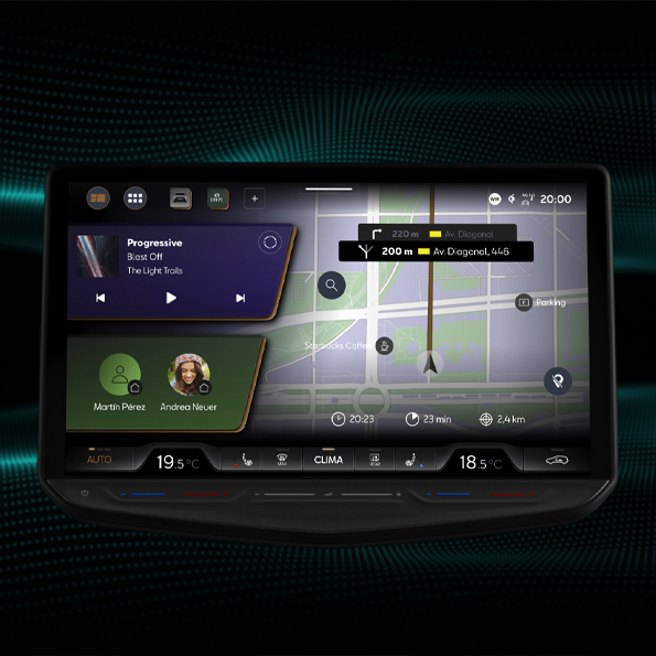 Imagen 3D del HMI con la Homescreen de Cupra y Widget de navegación